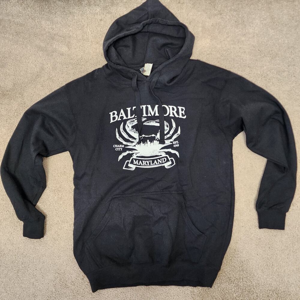 Baltimore Maryland Crab Cityscape Black Hoodie Adult Size Large Pullover Relaxed
